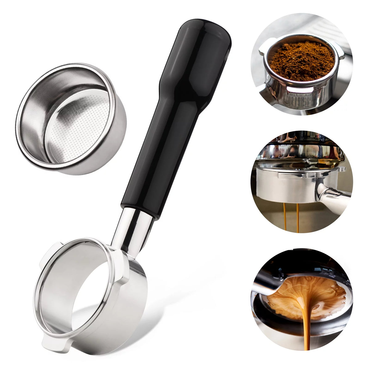 Stainless Steel Bottomless Naked Portafilter Wooden Coffee Handle F48043