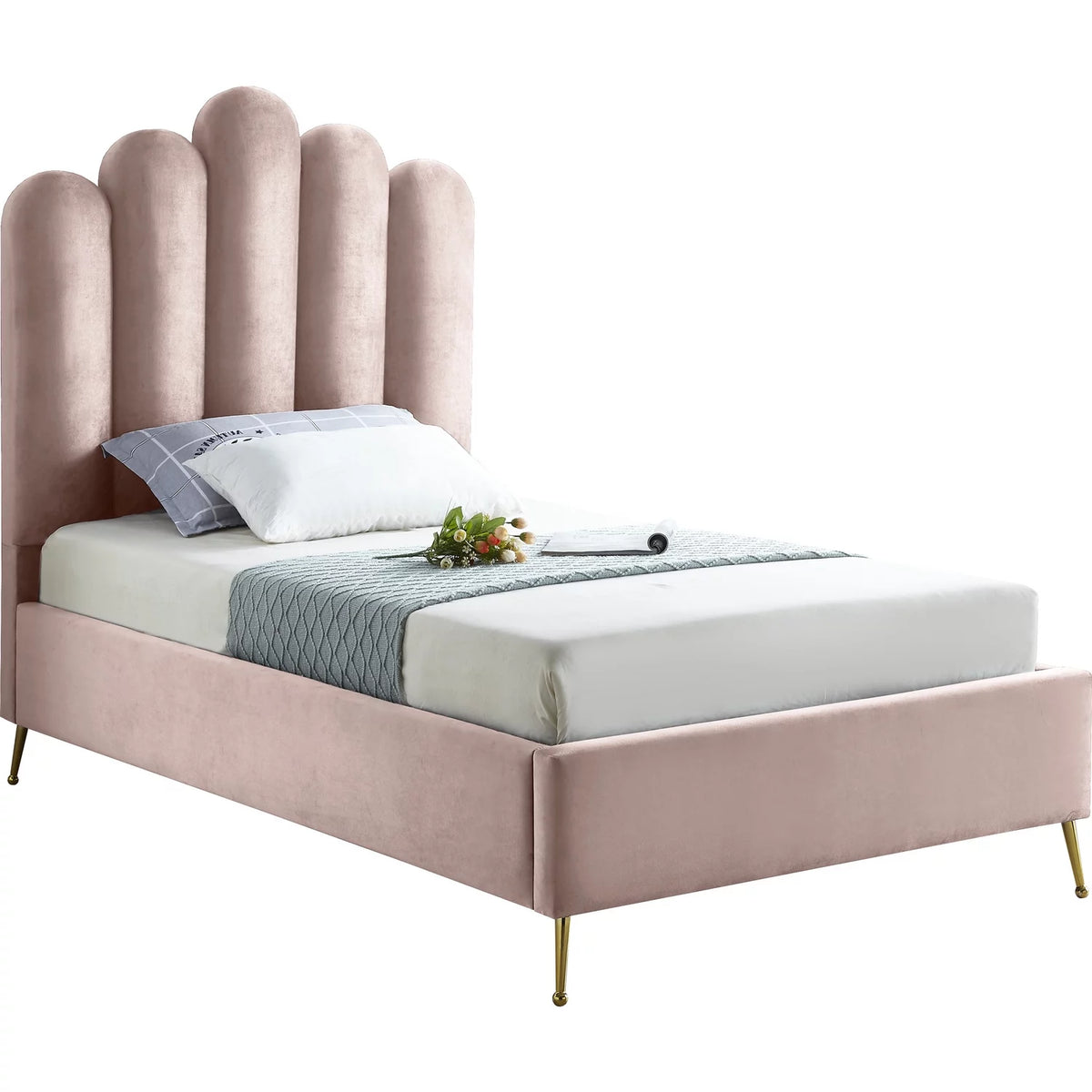 Velvet Upholstered Platform Bed with Gold Steel Legs T864