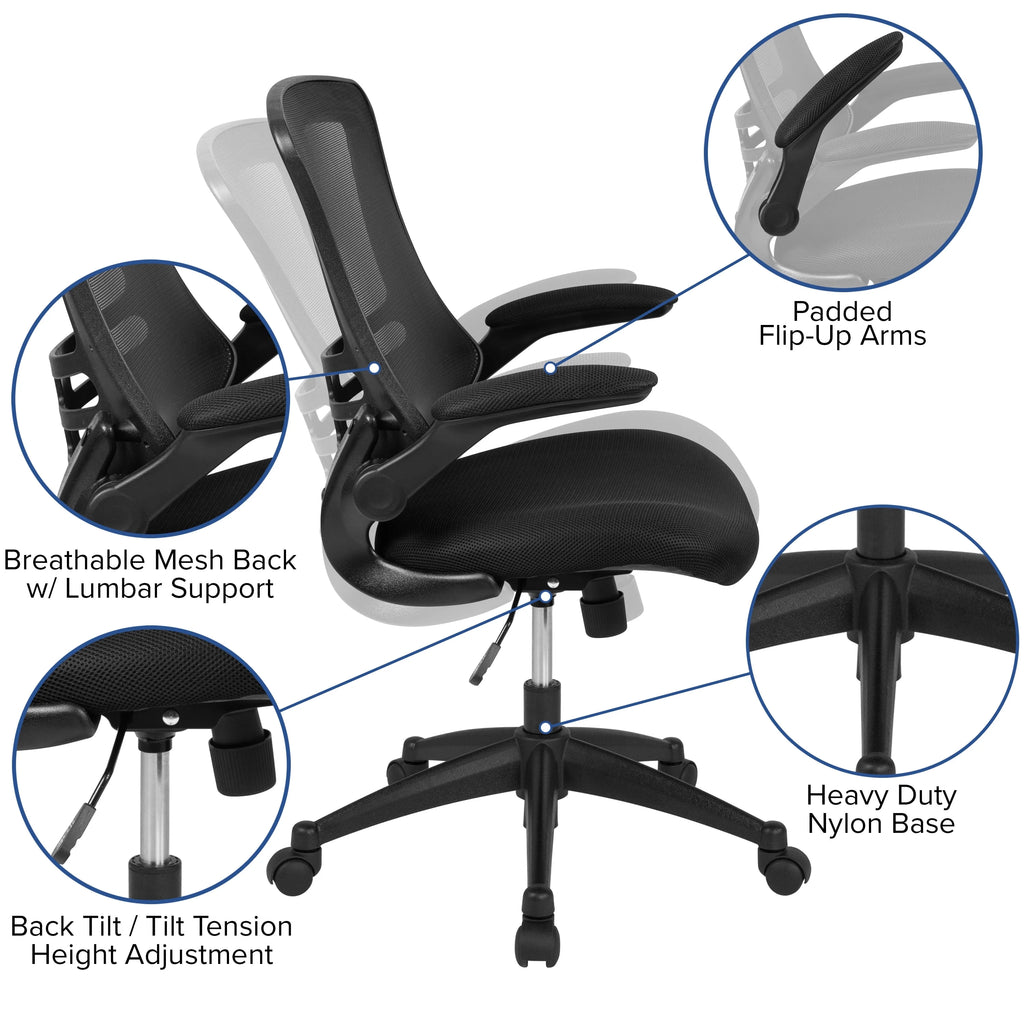 Black Mesh Swivel Ergonomic Task Office Chair with Flip-Up Arms K5140