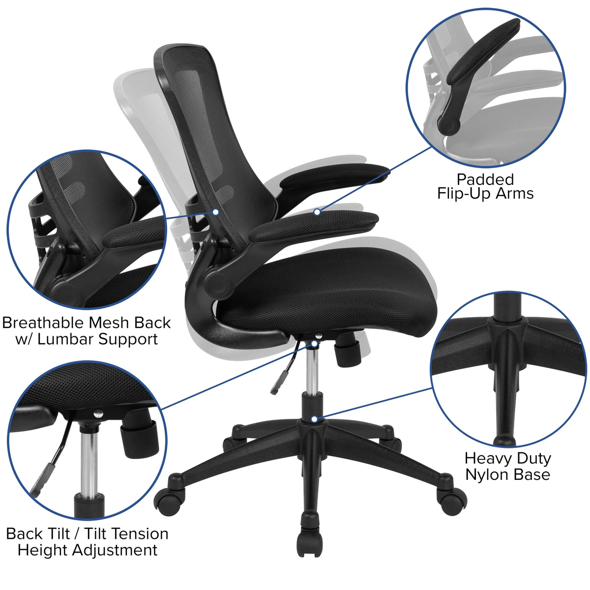 Black Mesh Swivel Ergonomic Task Office Chair with Flip-Up Arms K5140