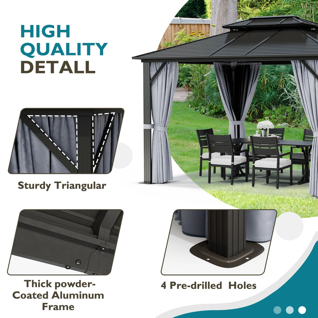 10 ft. x 12 ft. Outdoor Hardtop Gazebo with Curtain and Netting, Gray R146835
