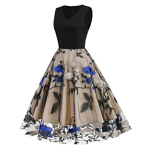 V Neck Sleeveless Mesh Floral Embroidery Dress X9092