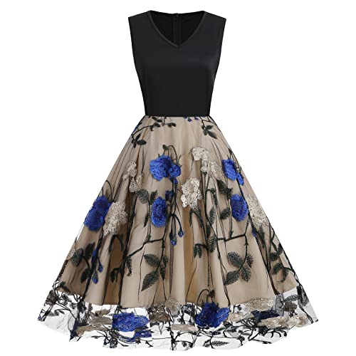 V Neck Sleeveless Mesh Floral Embroidery Dress X9092