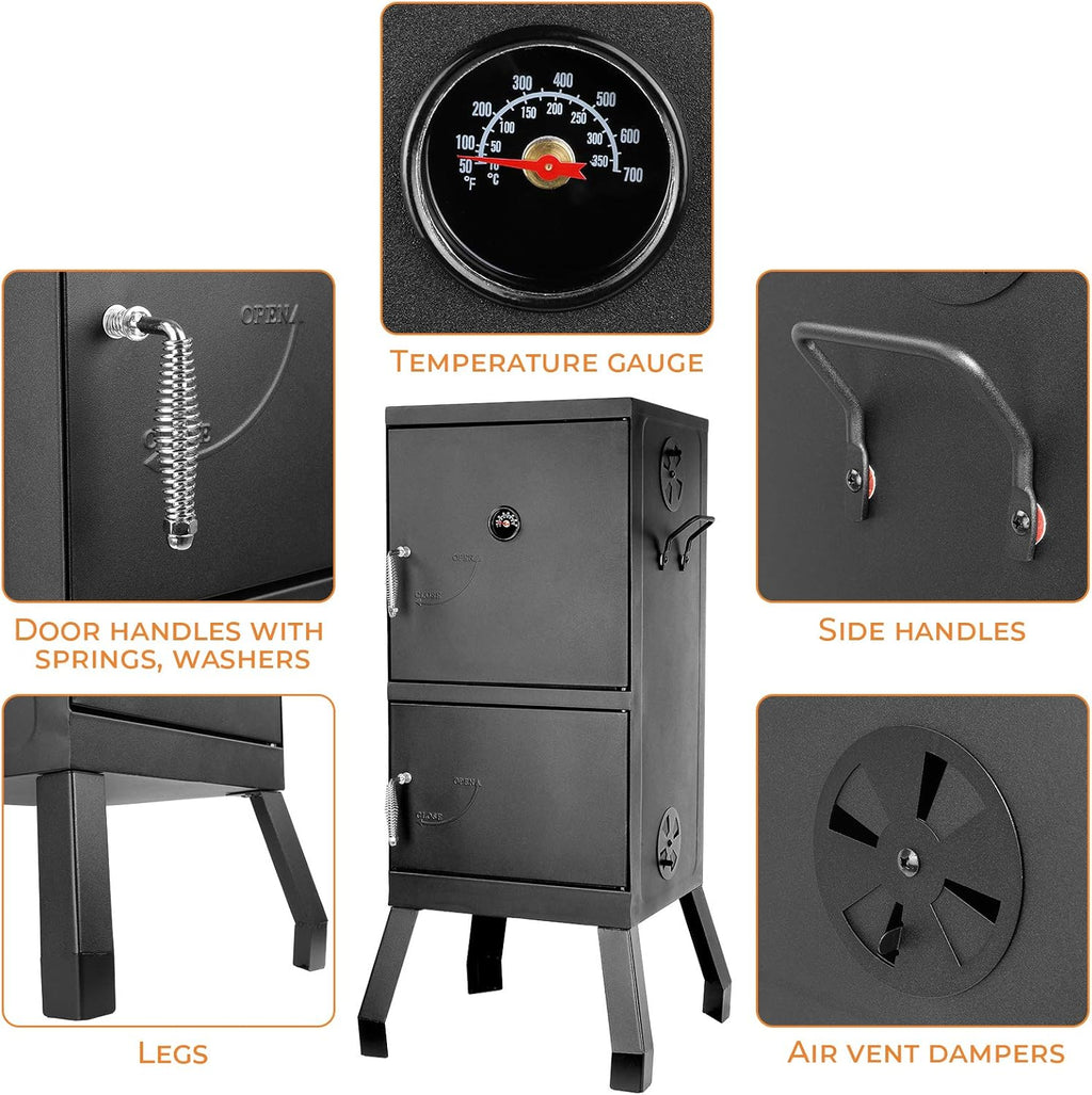 Black Square Charcoal Water Smoker and Grill with Thermometer O851