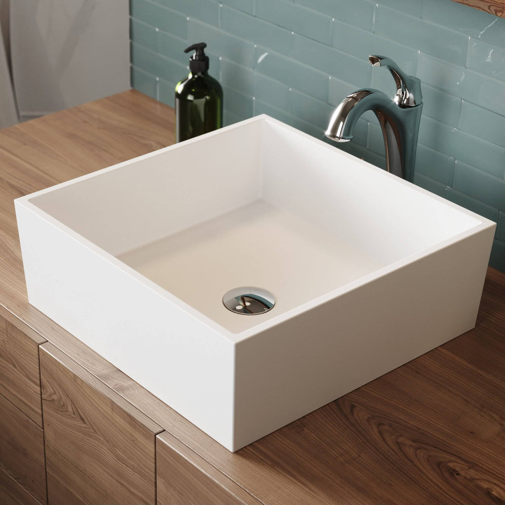 White Matte Solid Surface Square Bathroom Vessel Sink and Faucet H1775