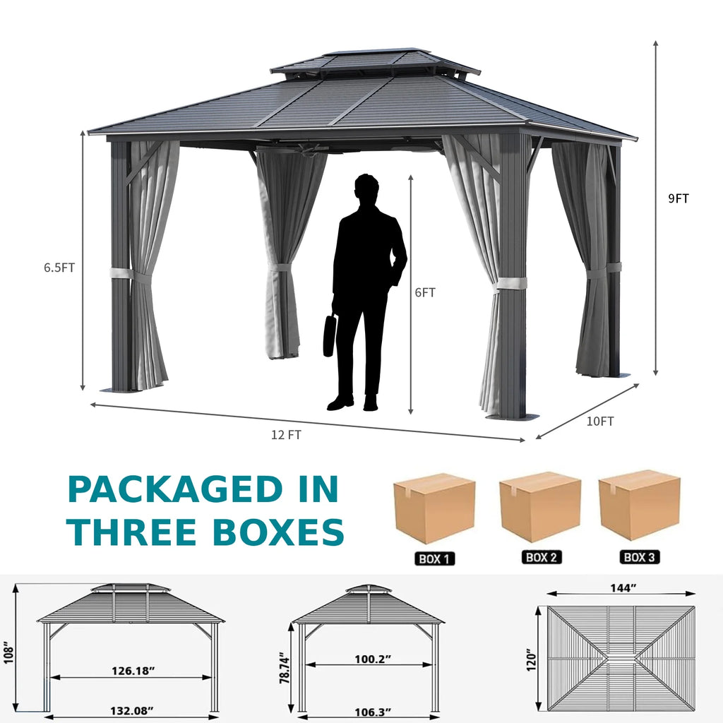 10 ft. x 12 ft. Outdoor Hardtop Gazebo with Curtain and Netting, Gray R146835