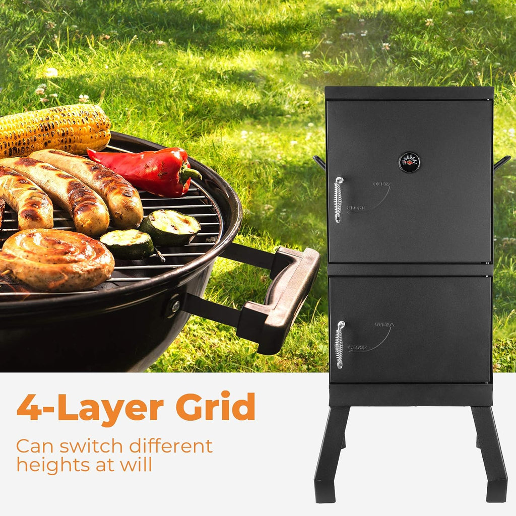 Black Square Charcoal Water Smoker and Grill with Thermometer O851
