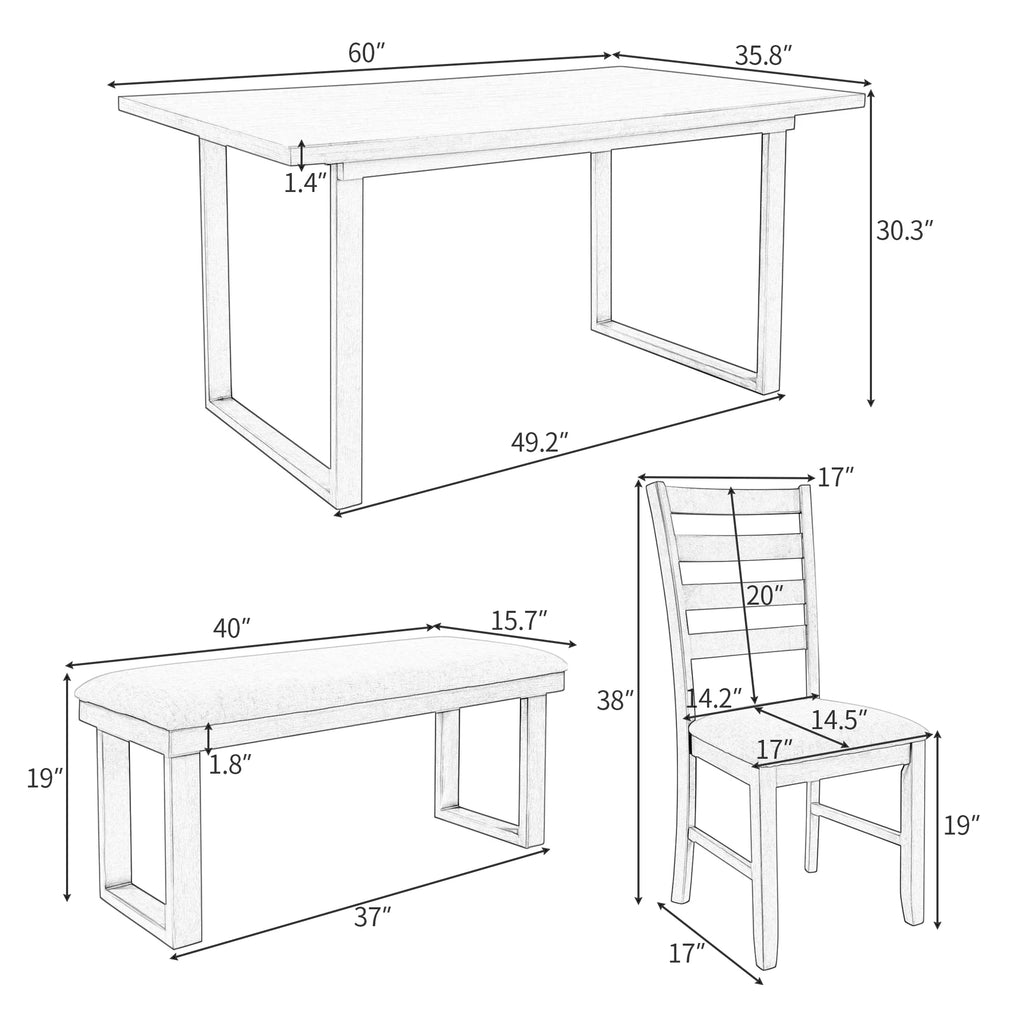 Solid Wood Dining Room Set with Table Chairs and Bench S58140