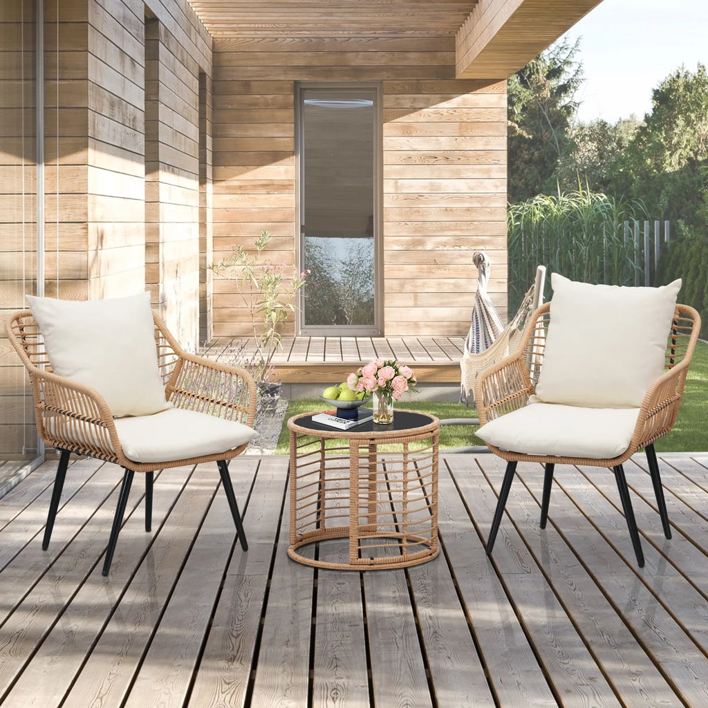 3-Piece Wicker Patio Bistro Set with Glass Top Table & Cushions N7306