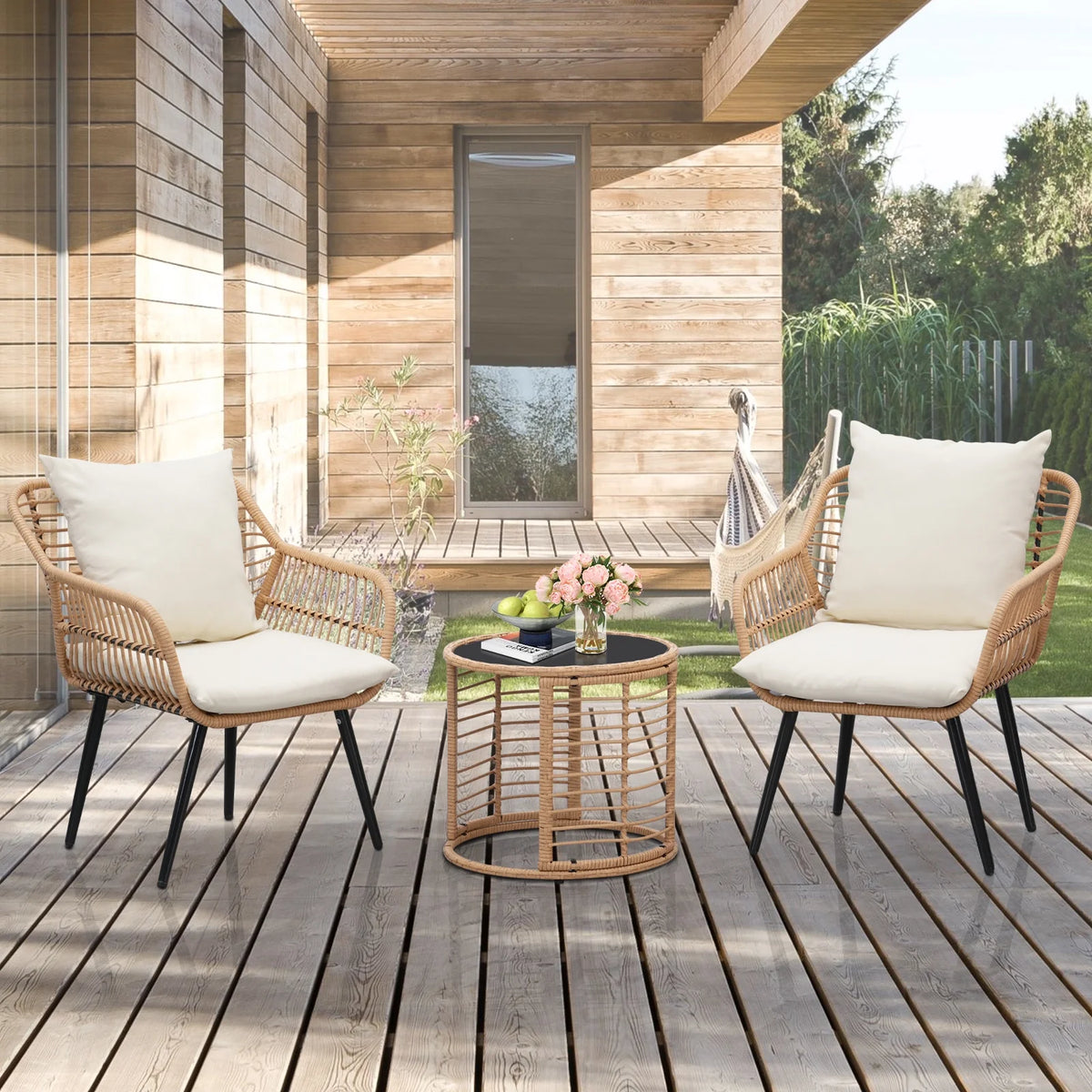 3-Piece Wicker Patio Bistro Set with Glass Top Table & Cushions N7306