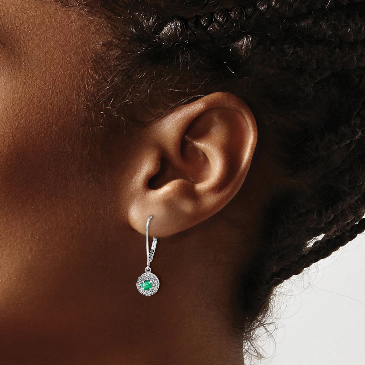 14 Karat White Gold Lab Grown Diamond and Lab Created Emerald Leverback Earrings F214