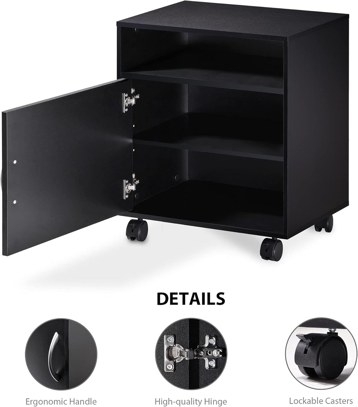 Mobile Black Wood Printer Stand with Storage Shelves and Wheels R119365