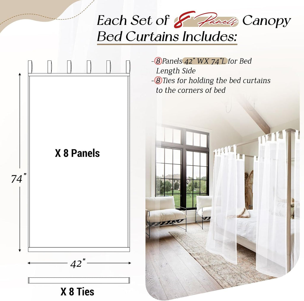 8 Panels White Sheer Canopy Curtains (42"x74") D9346