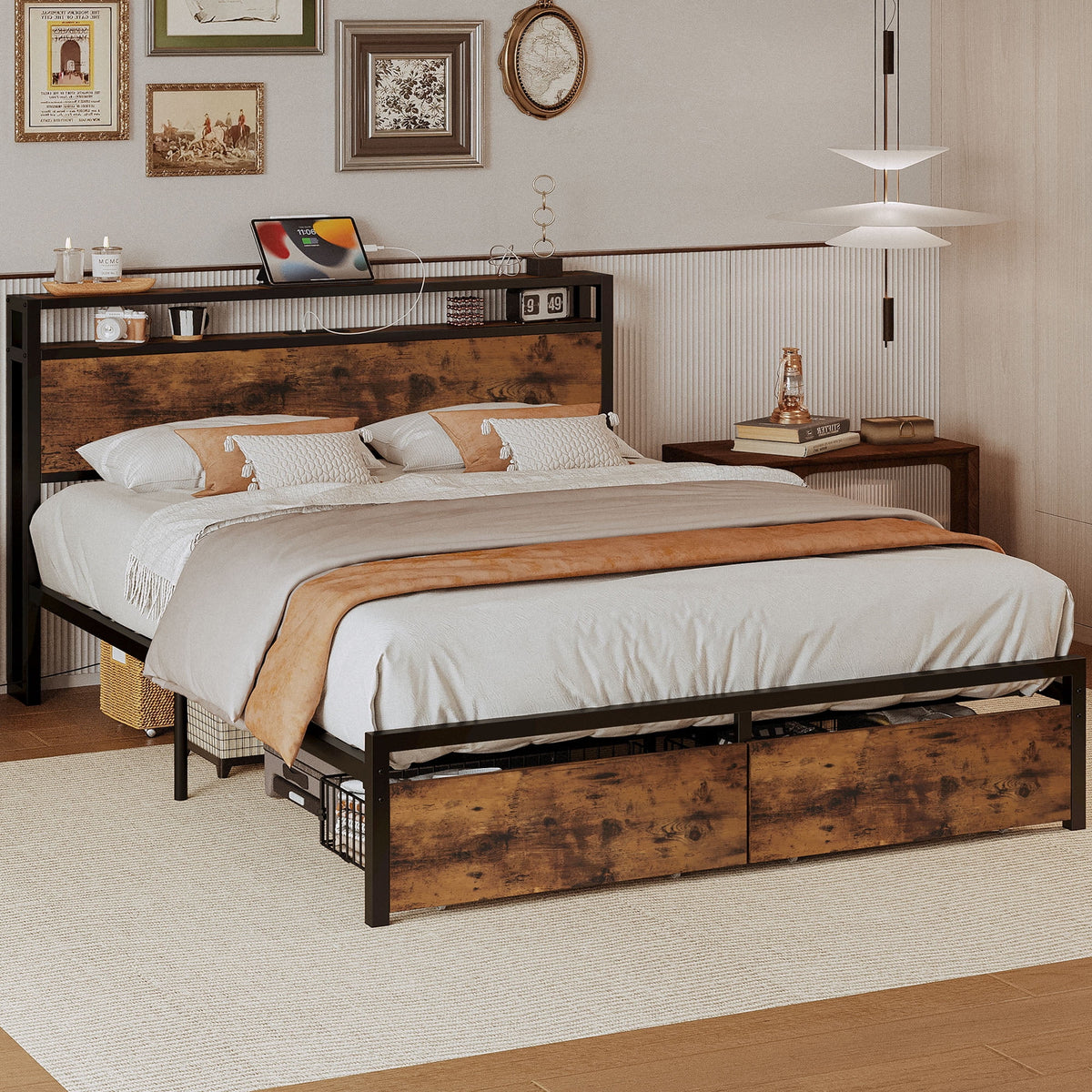 Twin Bed Frame with Storage Headboard and Charging Station A6964