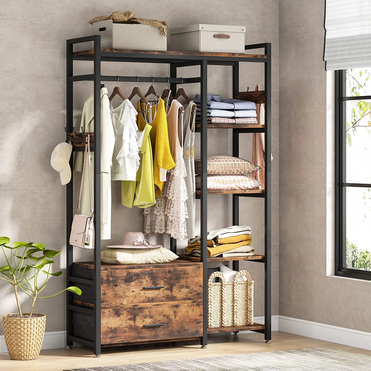 Freestanding Clothes Rack with Drawers and Shelves, Rustic Brown O5594