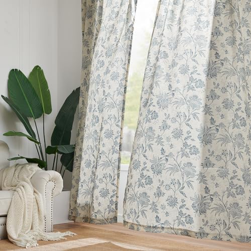 Sage Green Linen Floral Curtains 84 Inch Length Set 2 Panels I39238