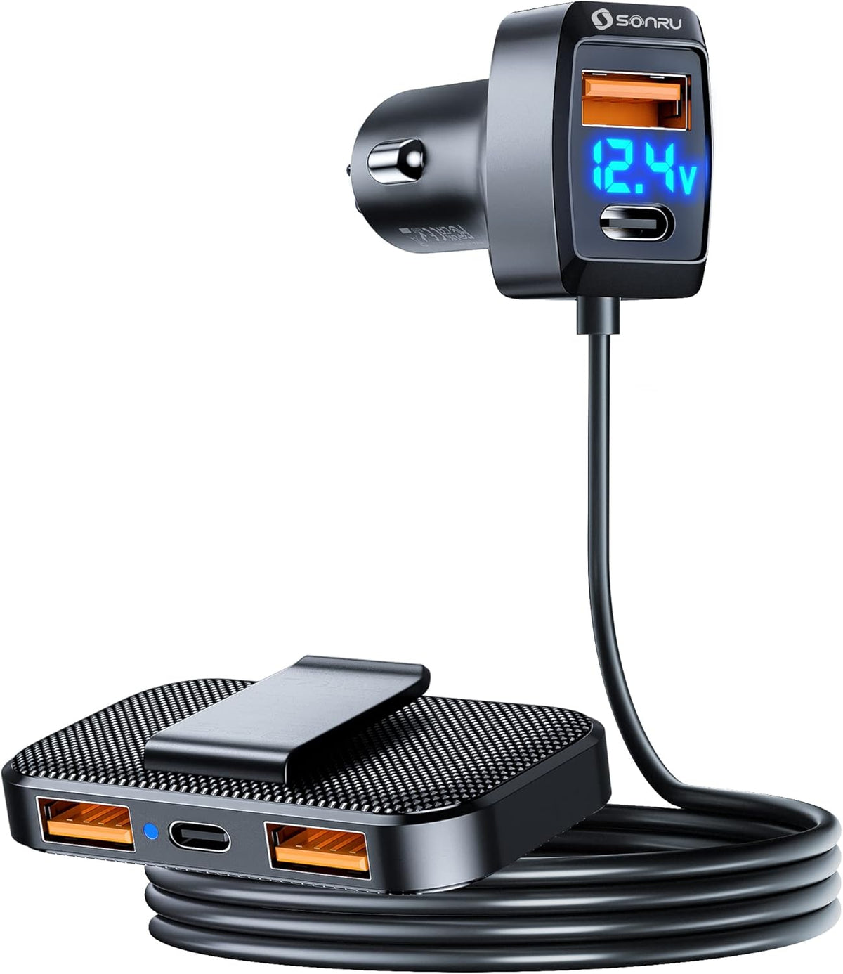 5 Multi Ports 66W USB Car Charger with 5FT Cable and Voltage Display, Pack of 2 V87443