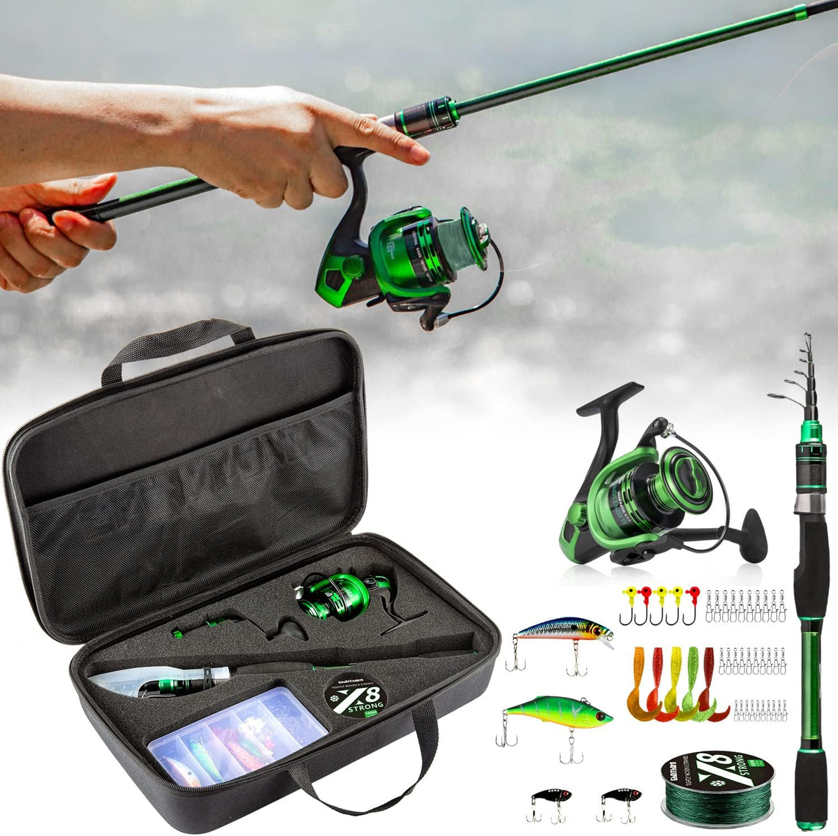 Collapsible Fishing Rod and Reel Combo with Carrier Bag W48057