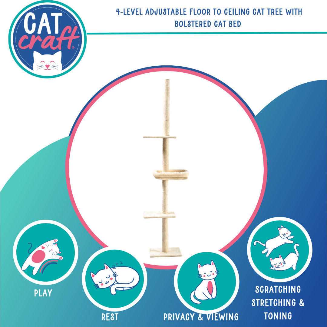 4-Level Carpeted Adjustable Floor to Ceiling Cat Tree with Cat Bed S642
