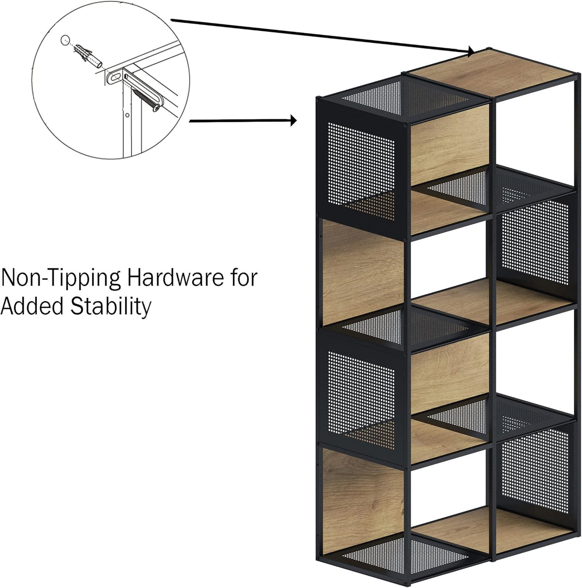 Oak and Black Wood and Metal Cube Storage Bookshelf N757