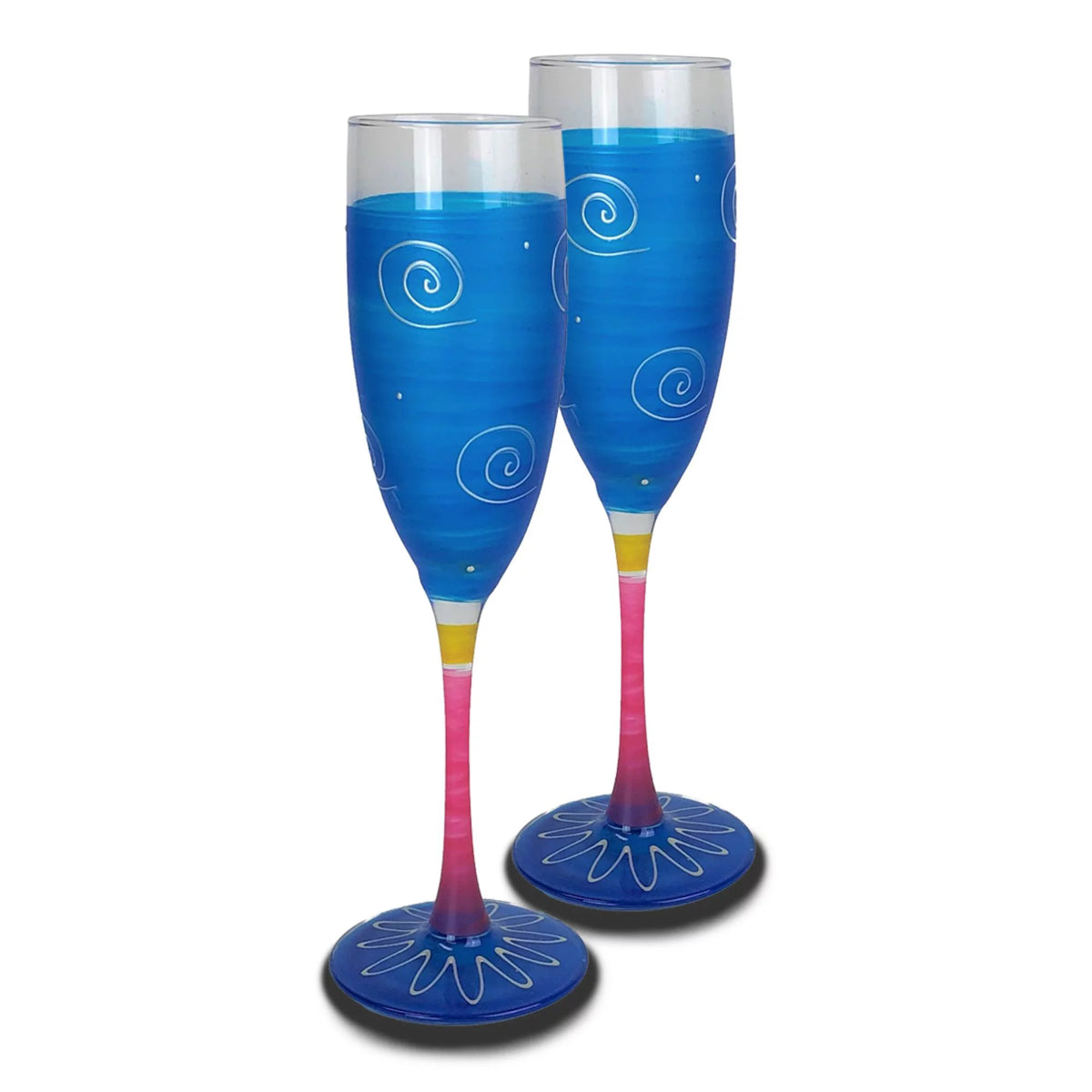 Set of 2 Turquoise and White Hand Painted Champagne Glasses 5.75 oz B7375