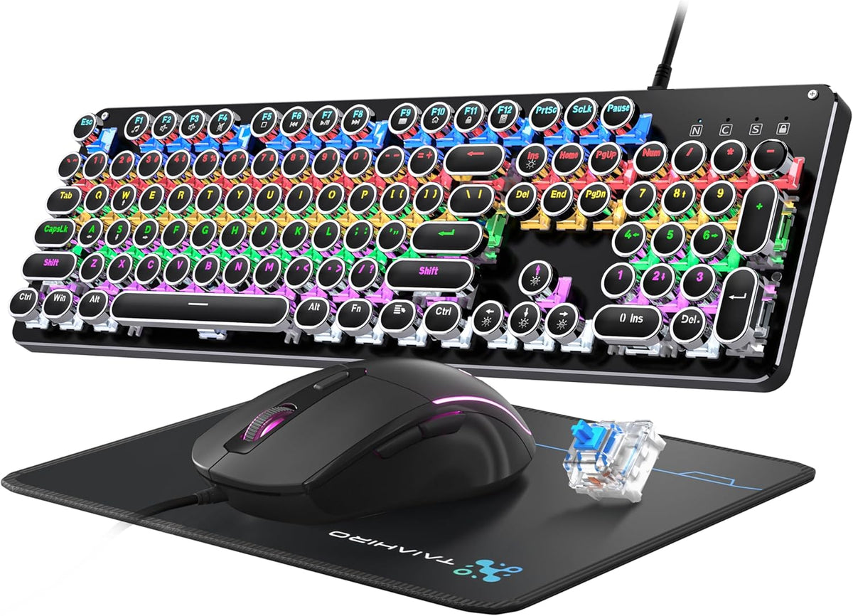Metal Panel Retro Mechanical Gaming Keyboard and Mouse Combo with RGB Backlit 104 Keys G971
