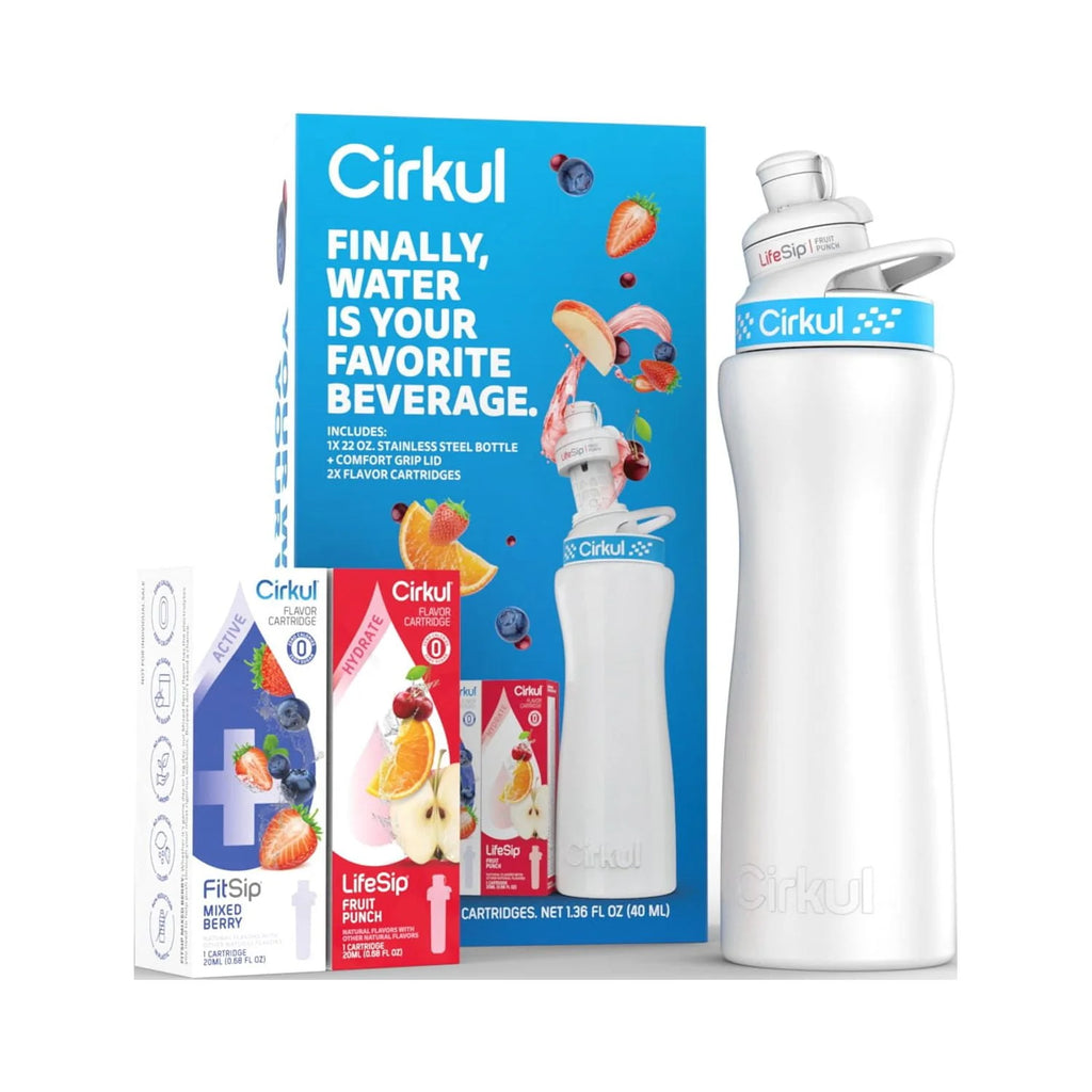22 oz White Stainless Steel Water Bottle Starter Kit with Blue Lid and 2 Flavor Cartridges I6490