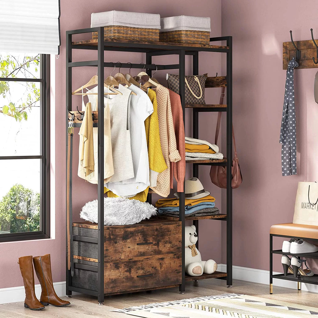 Freestanding Clothes Rack with Drawers and Shelves, Rustic Brown O5594
