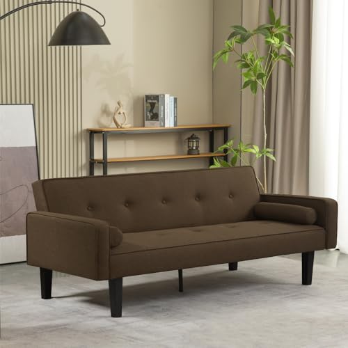 Light Grey Linen Futon Sofa Bed with Solid Wood Legs S599