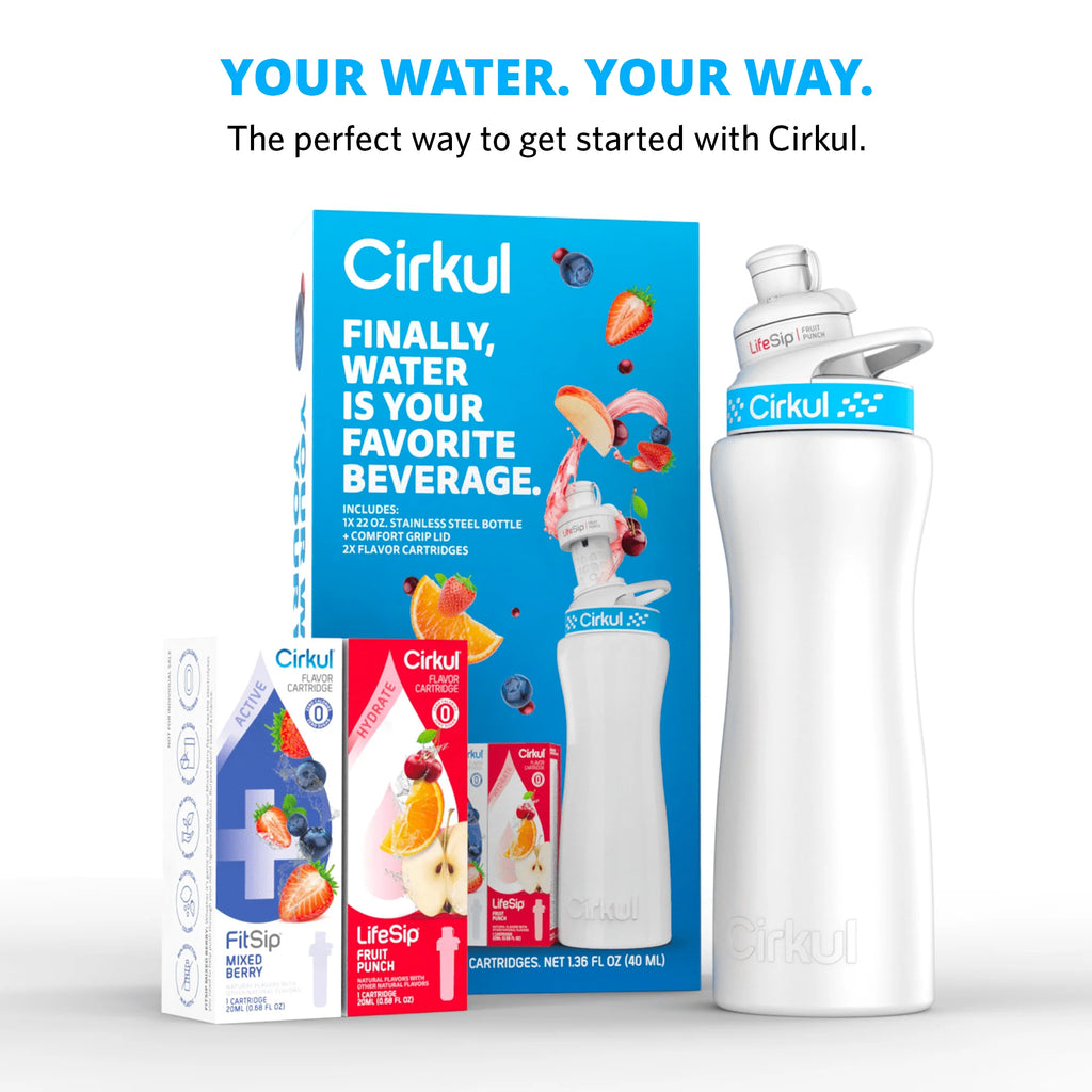22 oz White Stainless Steel Water Bottle Starter Kit with Blue Lid and 2 Flavor Cartridges I6490