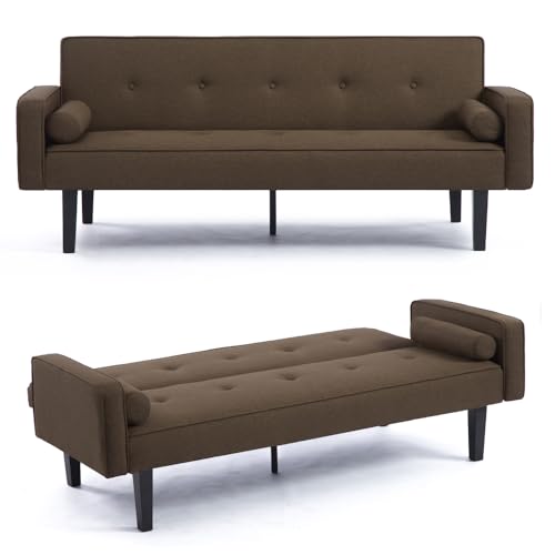 Light Grey Linen Futon Sofa Bed with Solid Wood Legs S599