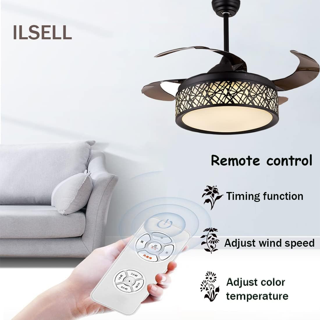 42'' Black Cage Retractable Ceiling Fan with Light and Remote U93006