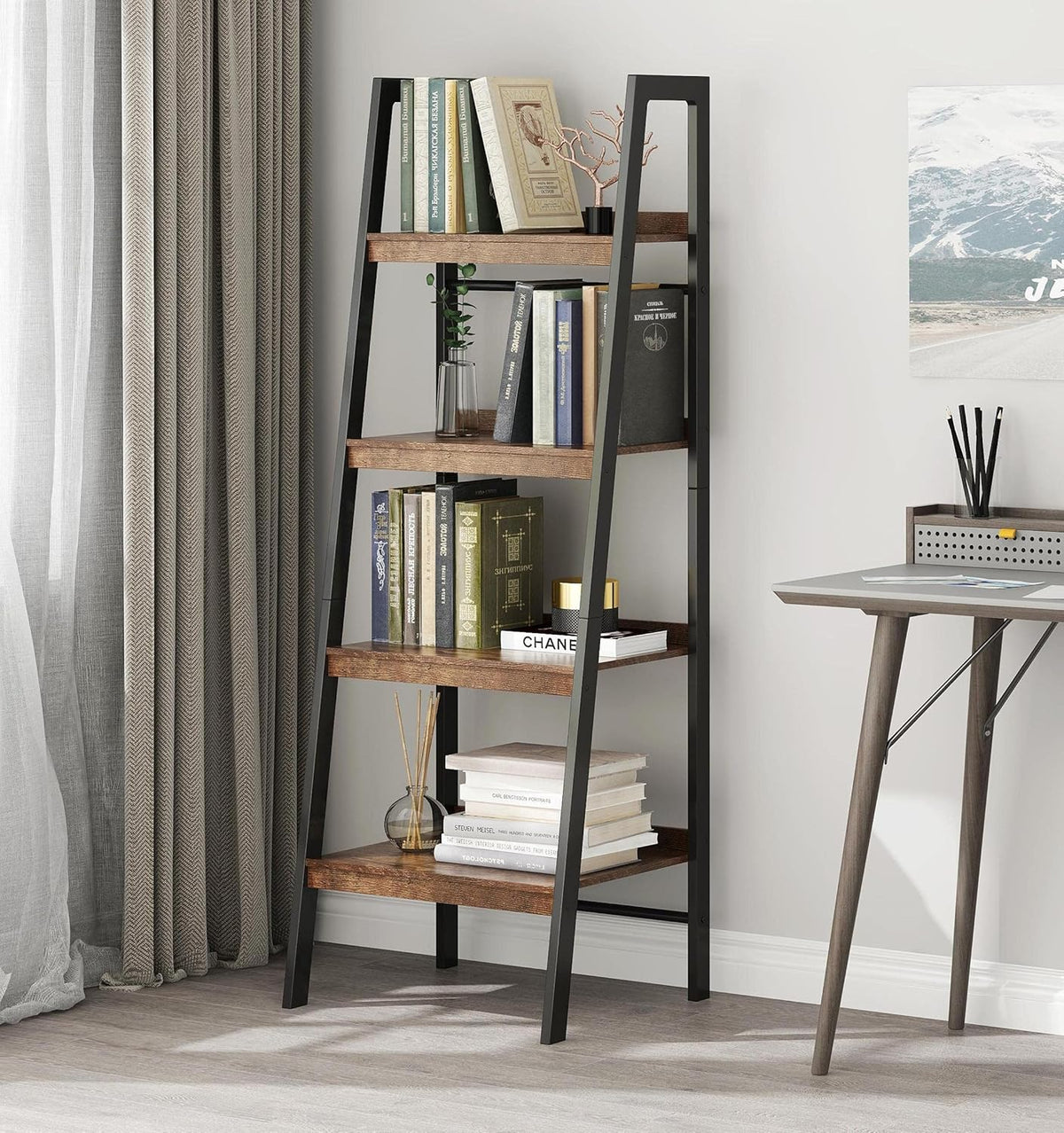 4-Tier Ladder Bookshelf Wooden Metal Frame Brown K445