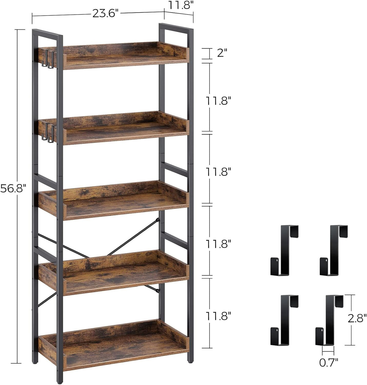 5 Tier Wood Bookshelf with 4 Hooks H6046