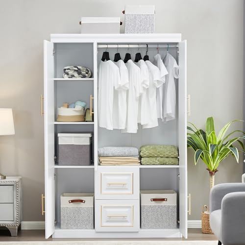 White Wood Storage Closet with Doors and Hanging Rod Z3726