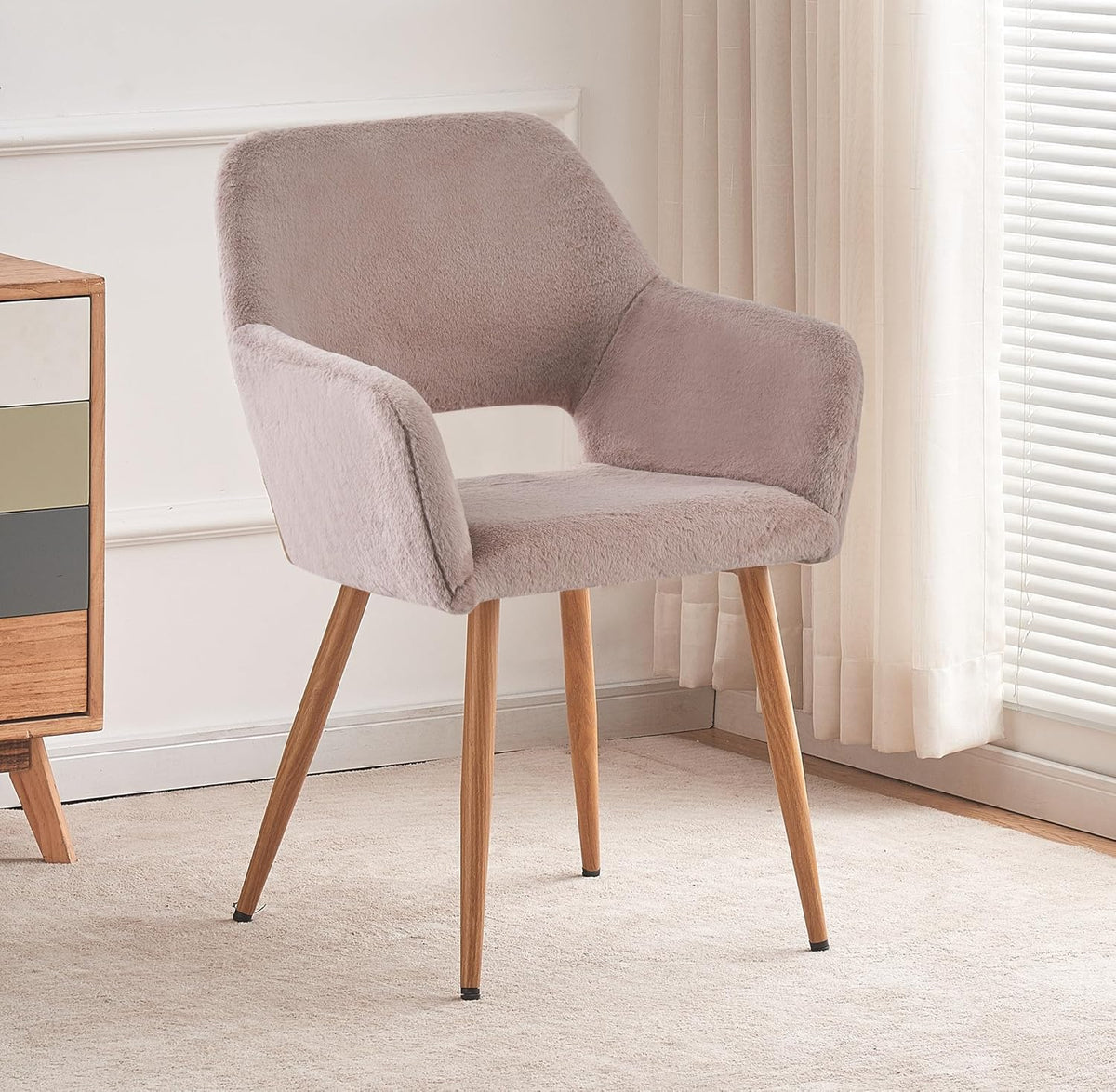 Grey Faux Fur Side Chair with Wood Metal Legs A856958