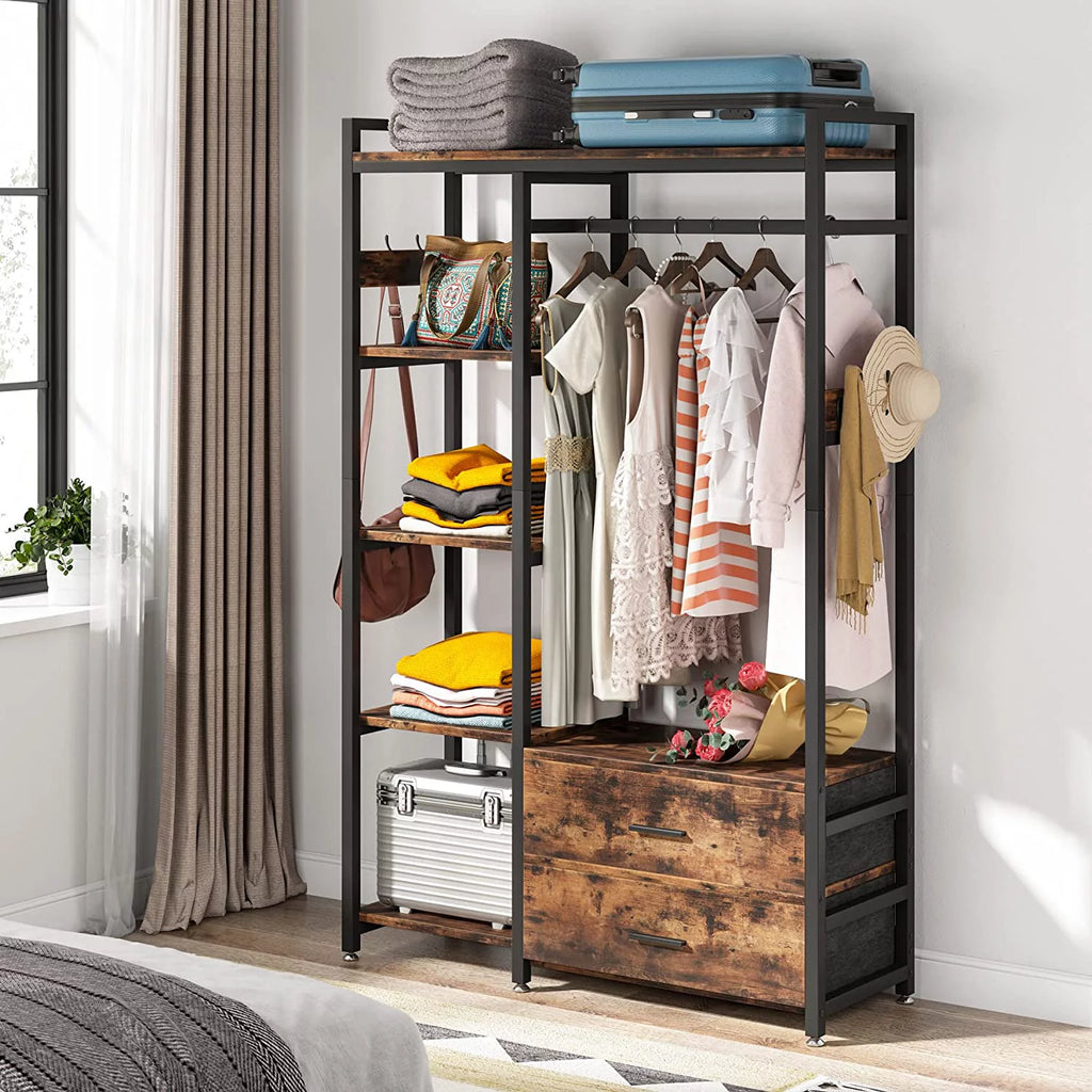Freestanding Clothes Rack with Drawers and Shelves, Rustic Brown O5594
