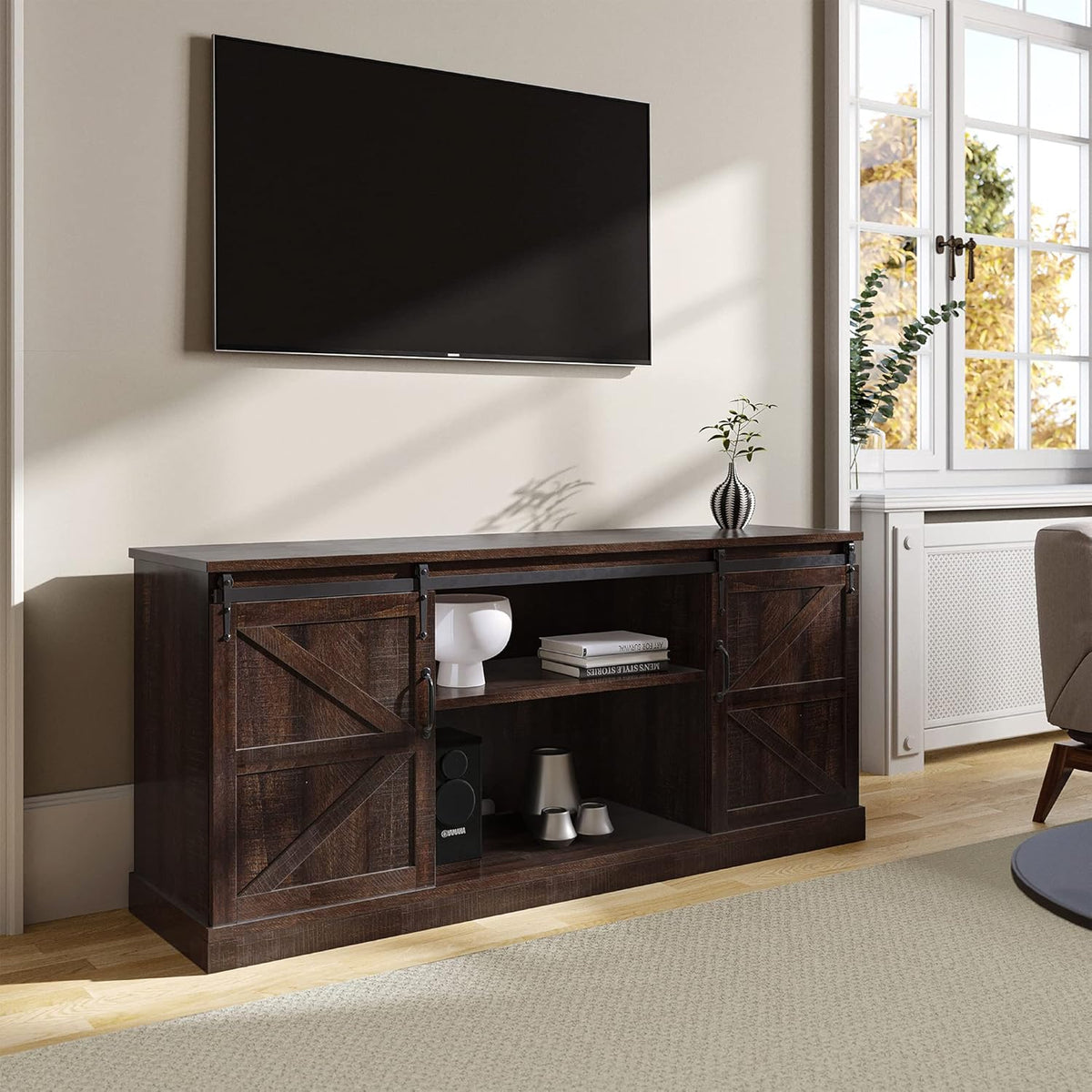 60 Inch Farmhouse TV Stand with Adjustable Shelves and Barn Doors X494