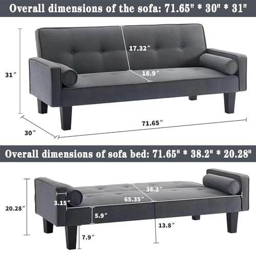 Light Grey Linen Futon Sofa Bed with Solid Wood Legs S599