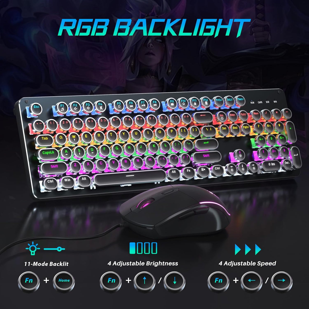 Metal Panel Retro Mechanical Gaming Keyboard and Mouse Combo with RGB Backlit 104 Keys G971