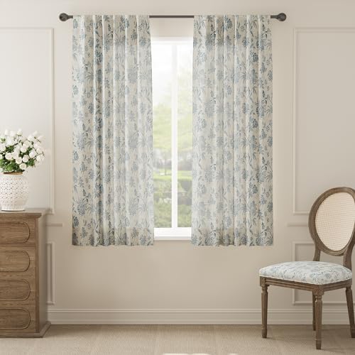 Sage Green Linen Floral Curtains 84 Inch Length Set 2 Panels I39238