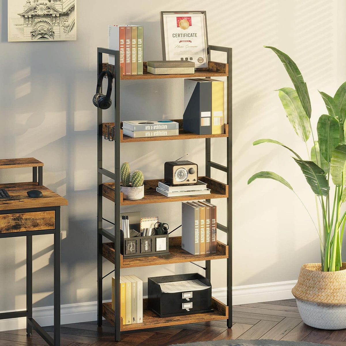 5 Tier Wood Bookshelf with 4 Hooks H6046