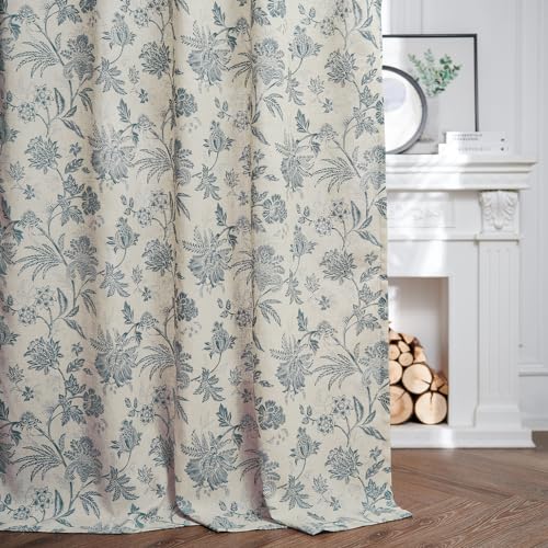 Sage Green Linen Floral Curtains 84 Inch Length Set 2 Panels I39238