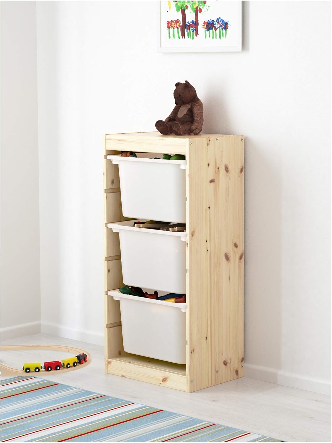 Light white stained pine/pink storage combination with boxes, 44x30x91 cm O9438