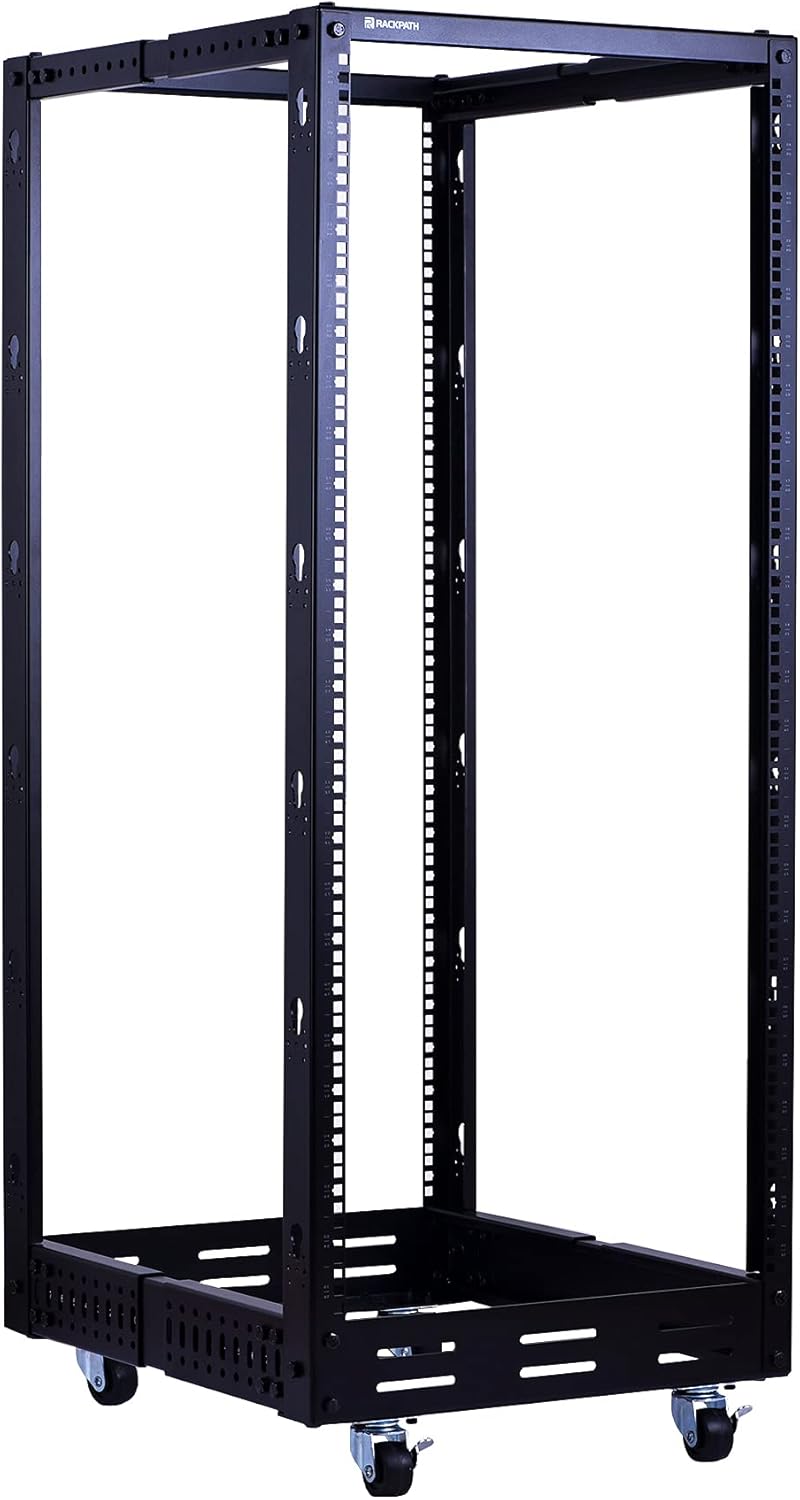 25U Open Frame Server Rack, 4 Post Adjustable Depth with Casters F152490