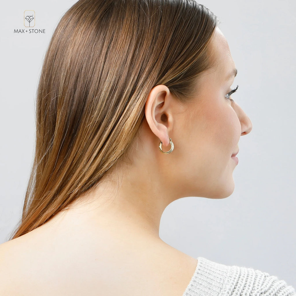 18k Solid Yellow Gold Diamond Cut Hoop Earrings X350