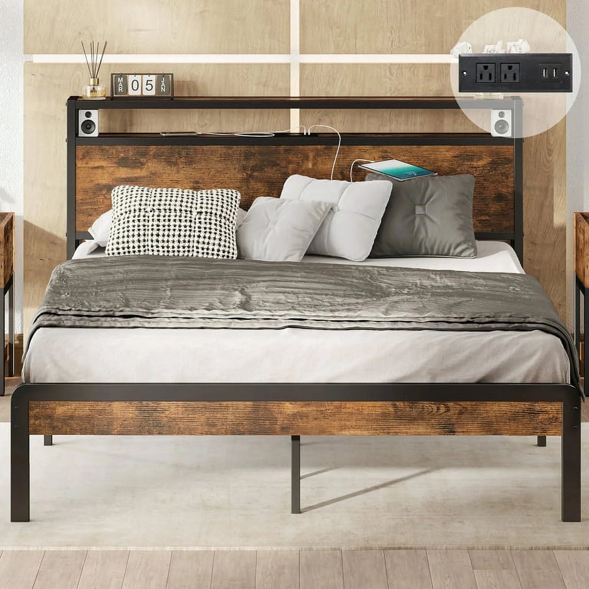 Twin Bed Frame with Storage Headboard and Charging Station A6964