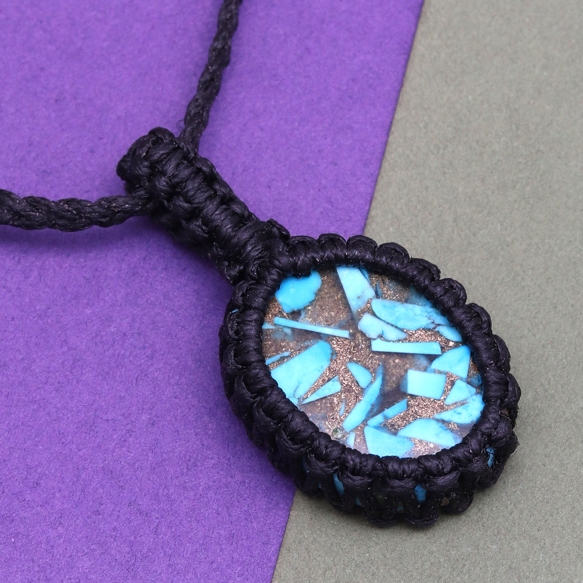 Blue Turquoise Macrame Handmade Jewelry Necklace J59933