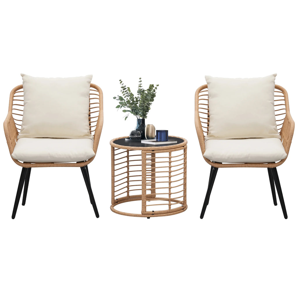 3-Piece Wicker Patio Bistro Set with Glass Top Table & Cushions N7306