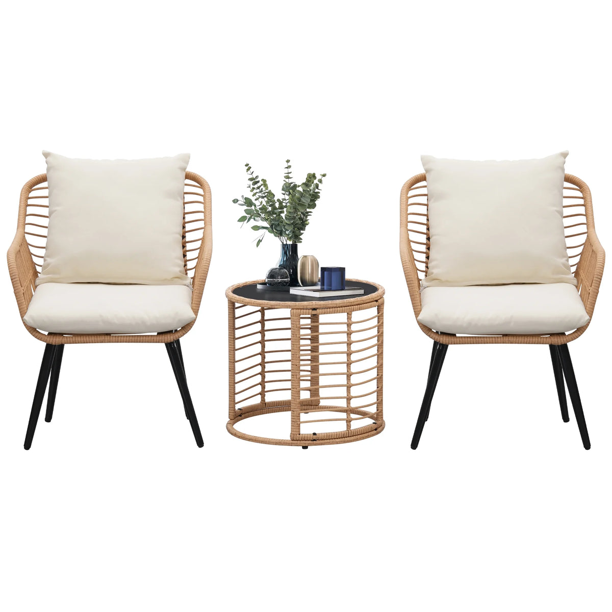 3-Piece Wicker Patio Bistro Set with Glass Top Table & Cushions N7306